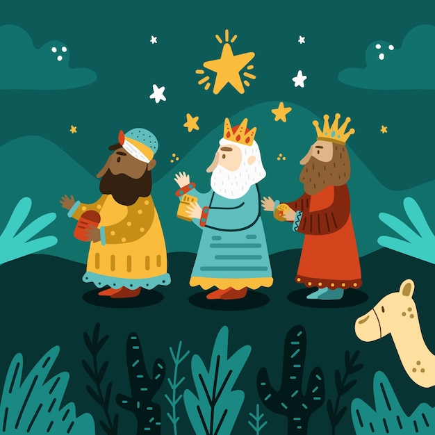 Vetor grátis ilustração plana de reyes magos chegando ao presépio