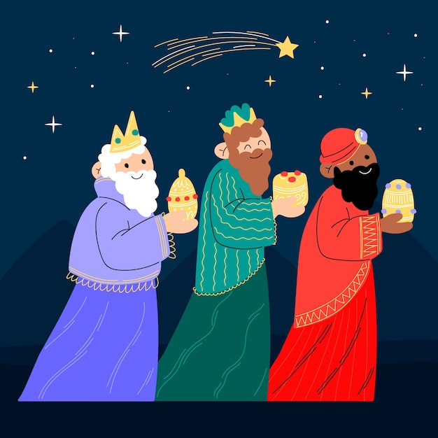 Ilustração plana de reyes magos chegando ao presépio