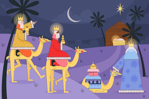 Ilustração plana de reyes magos chegando ao presépio