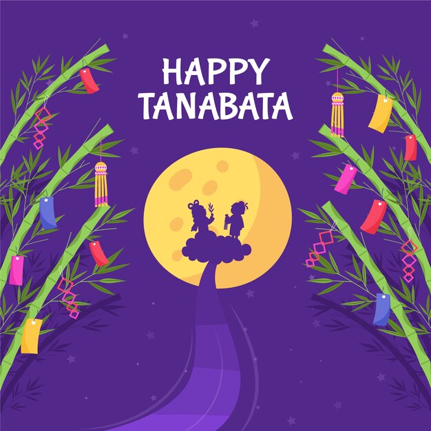 Ilustração plana de tanabata com silhueta de casal e lua cheia