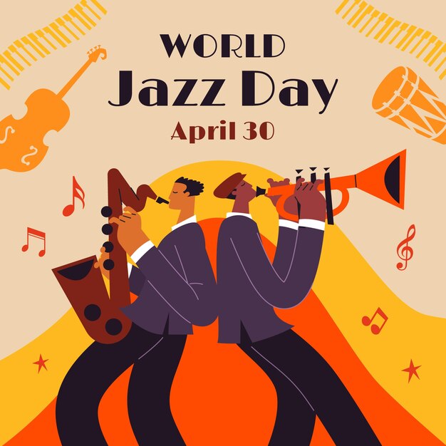 Ilustração plana desenhada à mão do Dia Mundial do Jazz