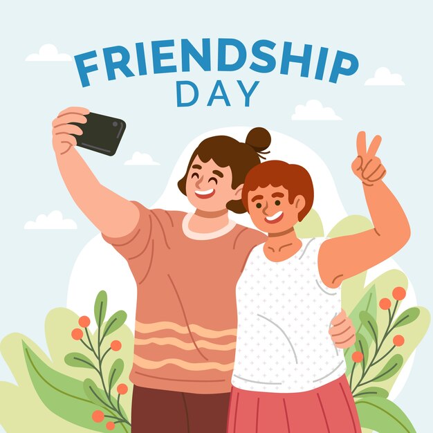 Ilustração plana do dia da amizade com amigos tirando uma selfie