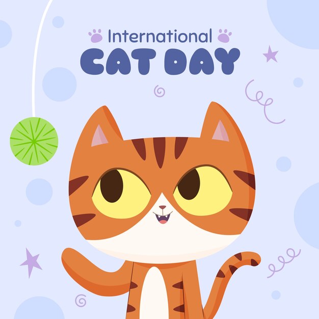 Ilustração plana do dia internacional do gato com gato fofo e fios