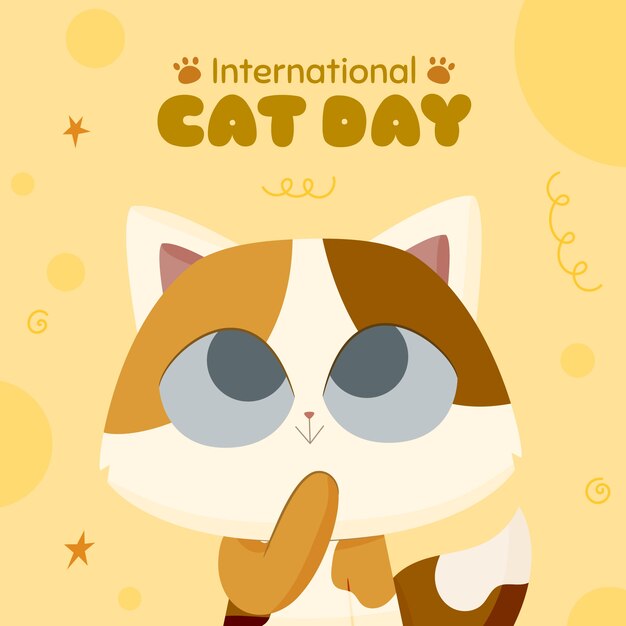 Ilustração plana do dia internacional do gato com gato fofo