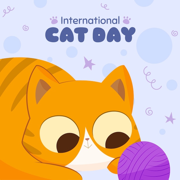 Vetor grátis ilustração plana do dia internacional do gato com gato olhando para o fio