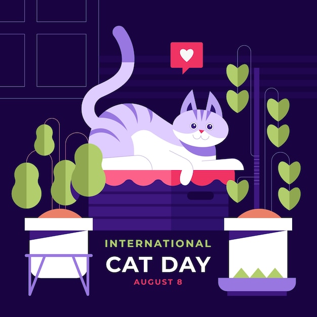 Ilustração plana do dia internacional do gato com gato