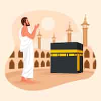 Vetor grátis ilustração plana hajj com homem rezando em meca