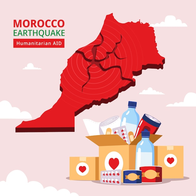 Ilustração plana para ajuda humanitária ao terremoto em Marrocos com caixas e mapa