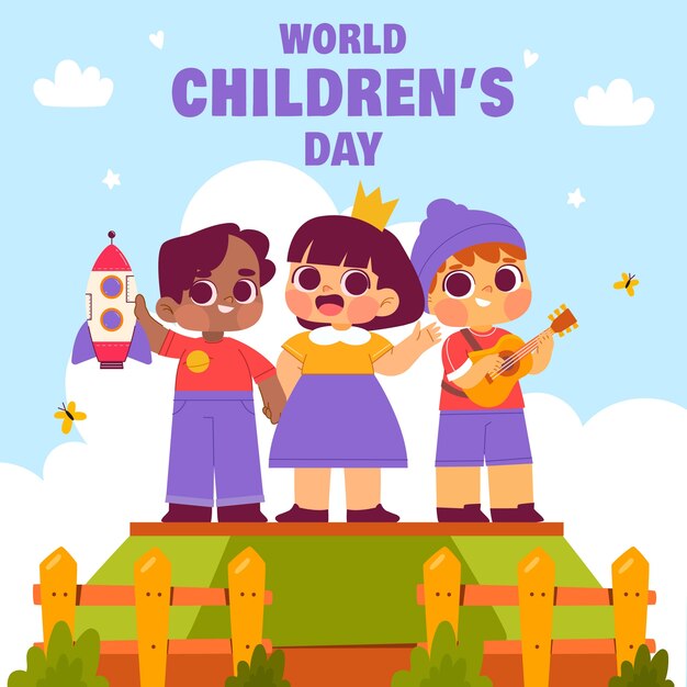 Ilustração plana para celebração do dia mundial da criança com crianças brincando