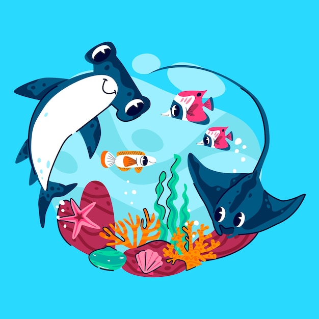 Ilustração plana para celebração do dia mundial dos oceanos