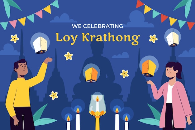 Vetor grátis ilustração plana para celebração do festival tailandês loy krathong