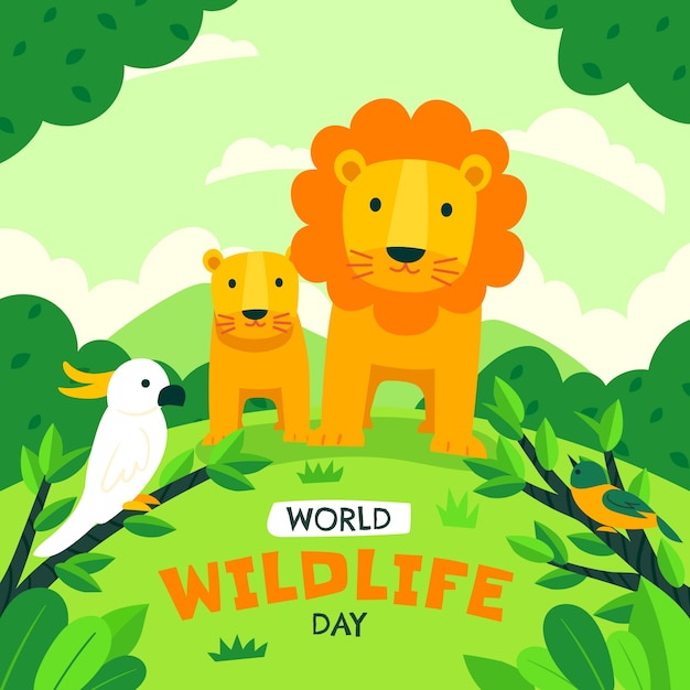 Vetor grátis ilustração plana para o dia mundial da vida selvagem com animais