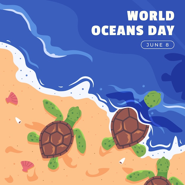 Vetor grátis ilustração plana para o dia mundial dos oceanos com vida oceânica