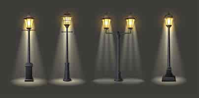 Vetor grátis ilustração realista de ícones vetoriais lâmpadas de rua com luz em fundo escuro