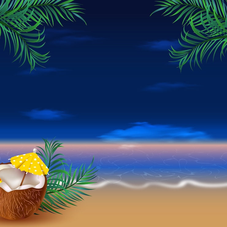 Vetor grátis ilustração realista de noite de verão com coquetel de praia e coco