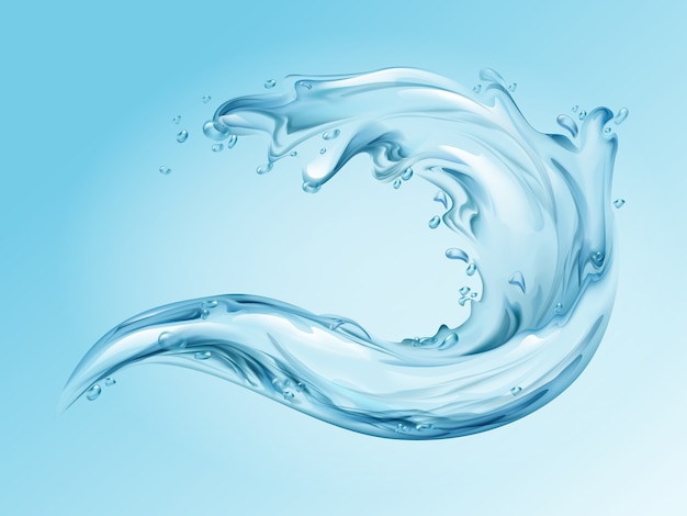 Ilustração realista de respingos de água de onda de água 3d com efeito transparente azul claro