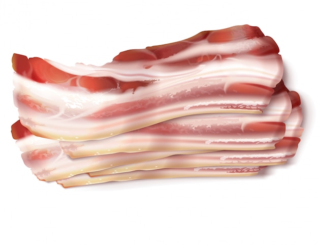 Ilustração realista de tiras finas de bacon, rashers, frescas, cruas ou defumadas