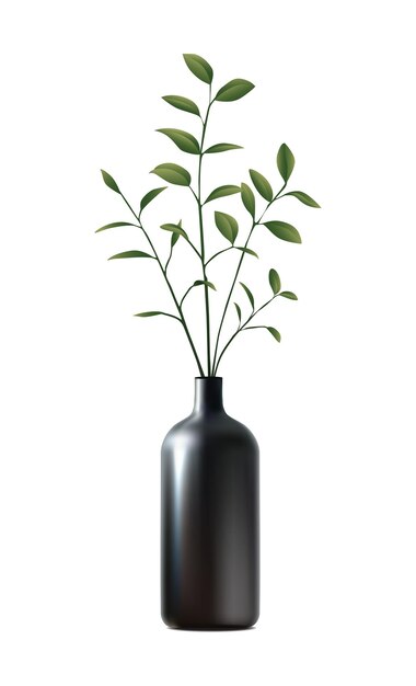 ilustração realista do ícone do vetor vaso preto com folhas verdes planta para decoração doméstica isolado