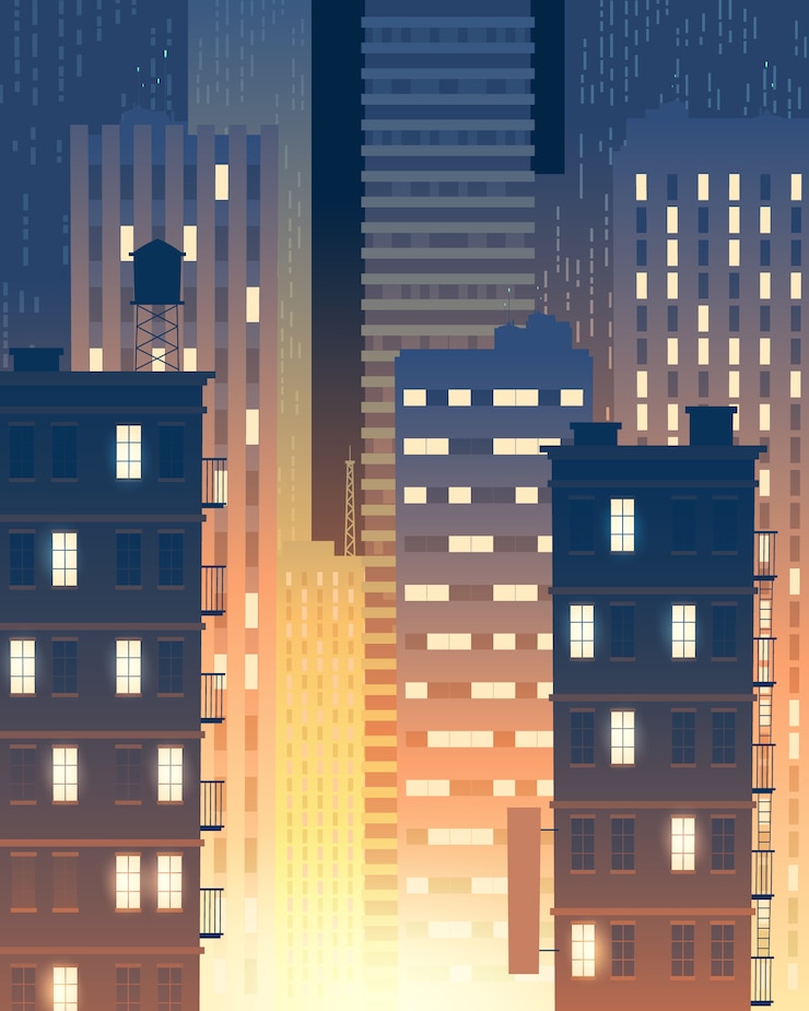 Vetor grátis ilustração vertical de edifícios modernos à noite, luzes das janelas.