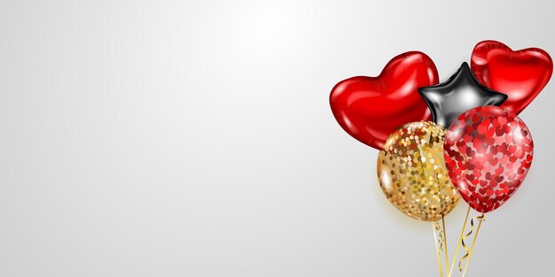 Ilustração vetorial com vários balões de hélio dourados, vermelhos e pretos, redondos, em forma de coração e em forma de estrela, sobre fundo branco