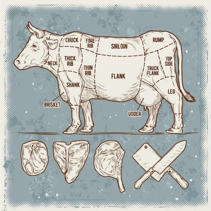 Vetor grátis ilustração vetorial conjunto de estacas de carne bovina.