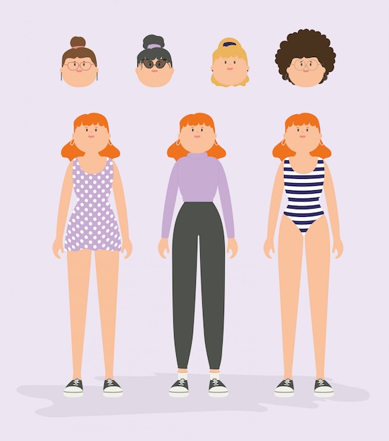 Ilustração vetorial conjunto de personagens de avatar feminino.