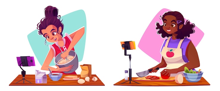 Vetor grátis ilustração vetorial de desenho animado de vídeo de blog de comida