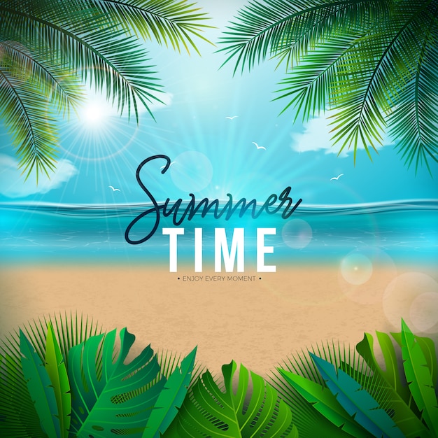 Ilustração vetorial de horário de verão com folhas de palmeira e paisagem do oceano