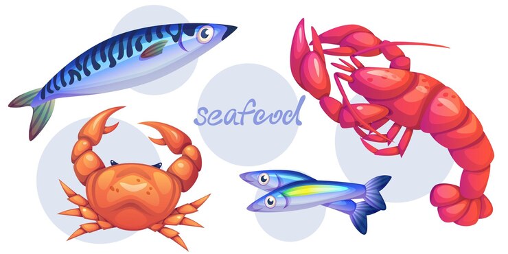 Vetor grátis ilustração vetorial de lagostas e peixes salmão