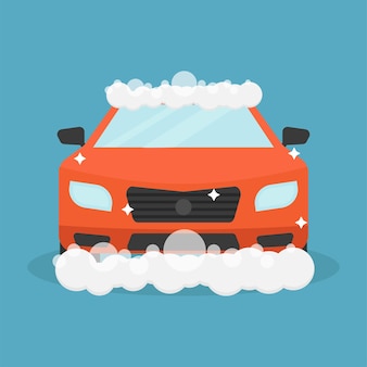 Ilustração vetorial de lavagem de carro em fundo azul, carro vermelho sendo lavado com sabão