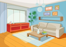 Vetor grátis ilustração vetorial de um aconchegante interior de desenho animado de uma sala de estar, uma sala de estar
