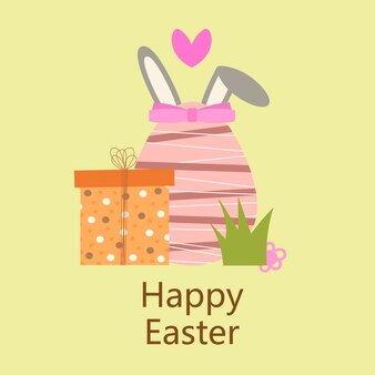 Ilustração vetorial feliz páscoa! ilustração bonita: ovo de páscoa, orelhas de coelho, presente. para design de cartões festivos de primavera, gravuras, folhetos, adesivos, banners, pôsteres