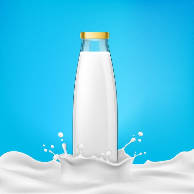 Vetor grátis ilustração vetorial garrafas de vidro com leite ou produtos lácteos em um respingo de leite