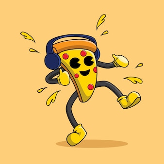 Ilustração vetorial gráfico dançando pizza ouvindo música personagem premium