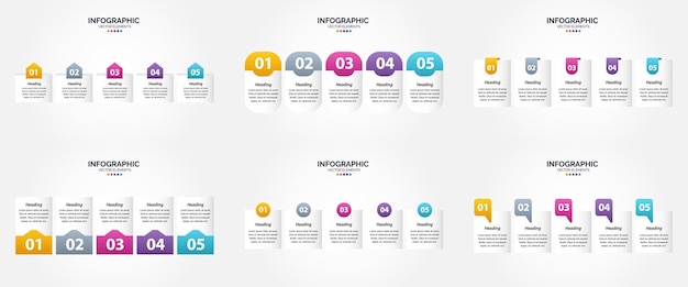 Ilustração vetorial infográficos de 5 etapas conjunto de design plano para folheto publicitário e revista pacote com 1288