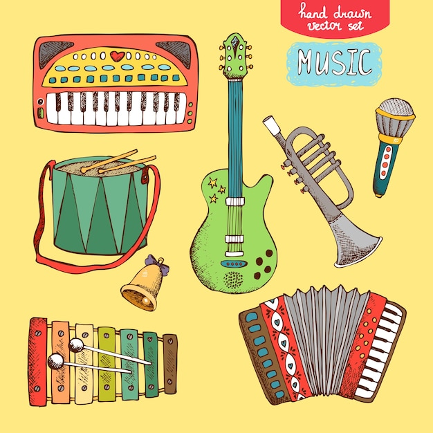 Ilustração vetorial instrumento musical desenhado à mão: guitarra trompete acordeão sintetizador de bateria