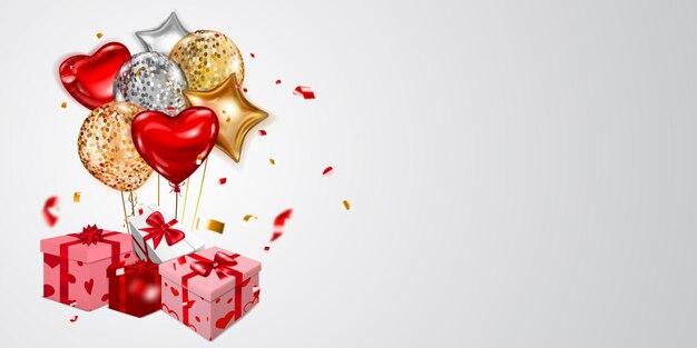 Ilustração vetorial para o dia dos namorados com balões de hélio, pequenos pedaços borrados de serpentina e várias caixas de presente vermelhas, rosa e brancas com fitas, laços e padrões de corações, sobre fundo claro