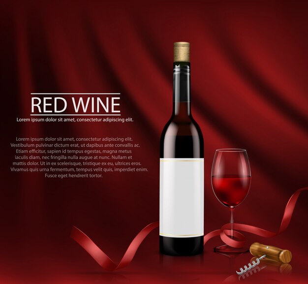 Ilustração vetorial realista. cartaz com garrafa de vinho de vidro e copo com vinho tinto