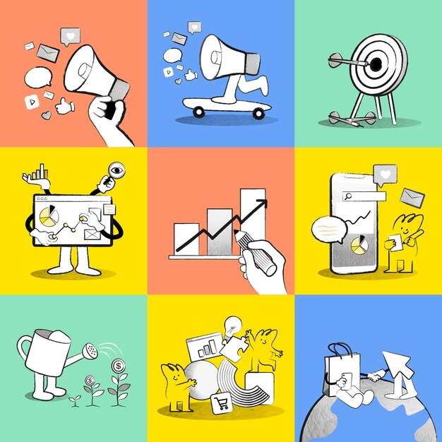 Ilustrações coloridas de doodle de vetor de estratégia de negócios online para coleção de marketing