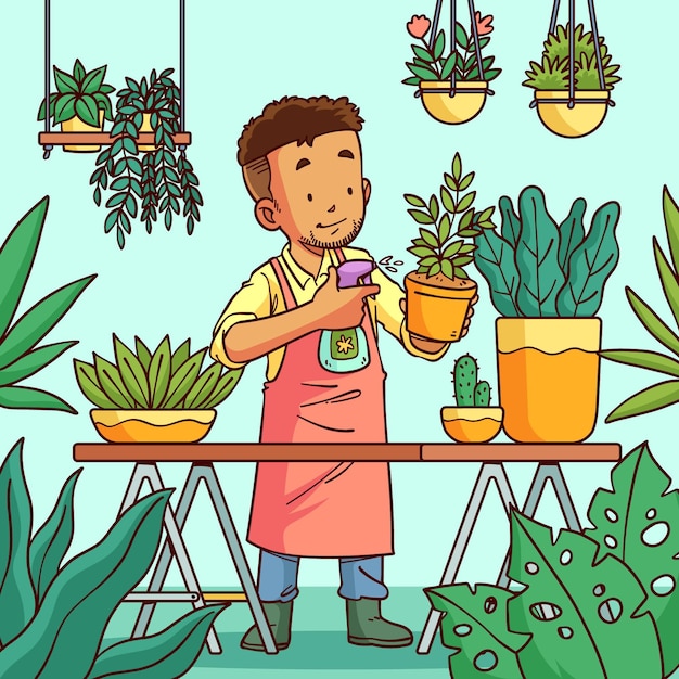 Ilustrações desenhadas à mão de pessoas cuidando de plantas