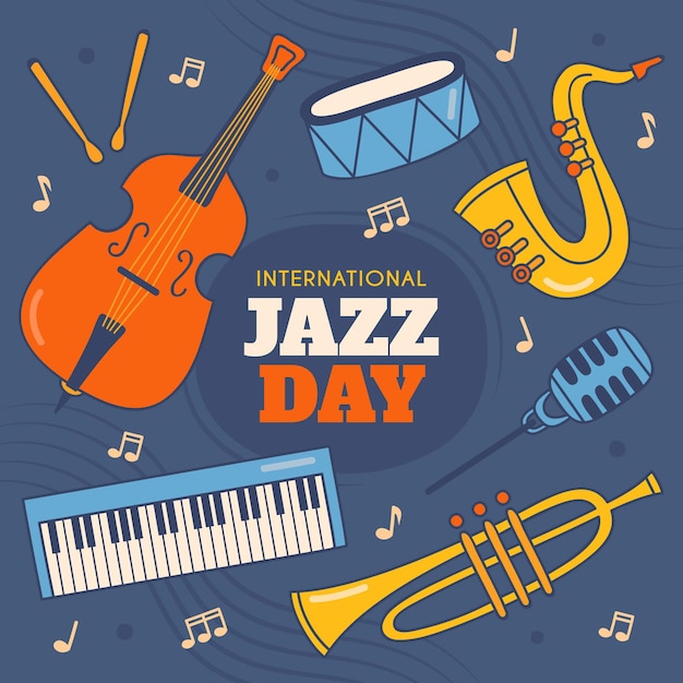 Vetor grátis ilustrações desenhadas à mão para o dia internacional do jazz com instrumentos musicais