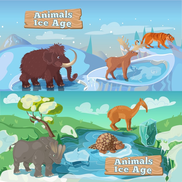Vetor grátis ilustrações horizontais de animais da era do gelo