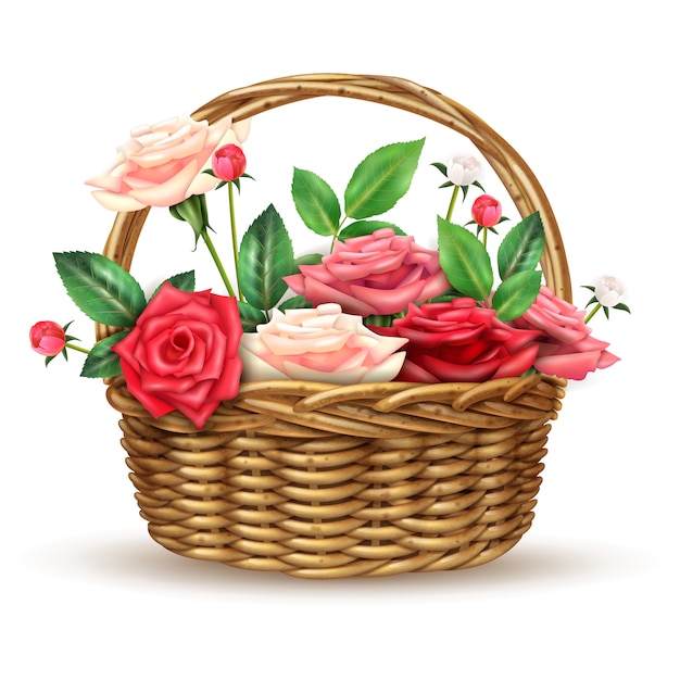 Imagem realista de flores de rosas cesta de vime
