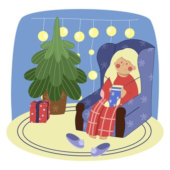 Imagem vetorial de uma noite de natal aconchegante de inverno. uma jovem em uma cadeira tricota meias de ano novo