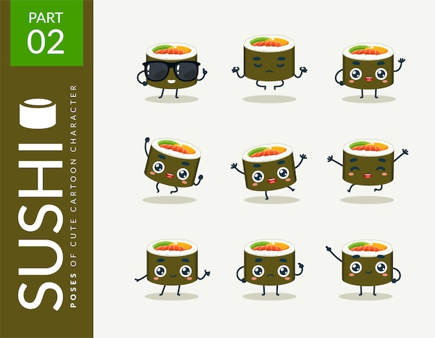 Vetor grátis imagens de desenhos animados de sushi. definir.