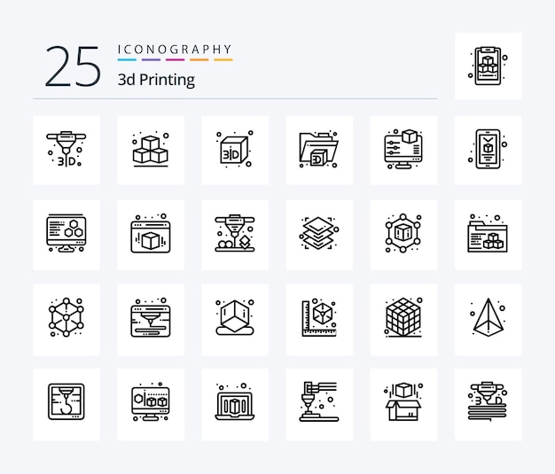 Impressão 3D Pacote de ícones de 25 linhas, incluindo pasta móvel para smartphone Visualização em 3D