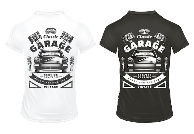 Impressões de serviço de garagem de carros clássicos vintage com inscrições faróis de automóveis retrô motor pistões amortecedores em camisas isoladas