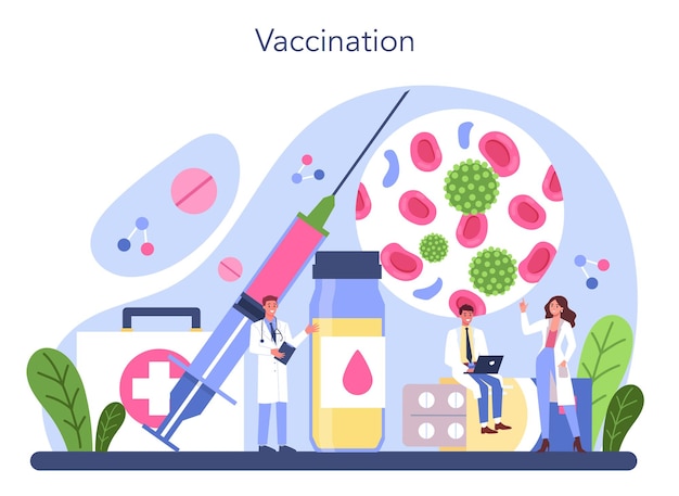 Imunologista profissional ideia de prevenção de vírus de saúde terapia e vacinação do sistema imunológico ilustração vetorial plana isolada