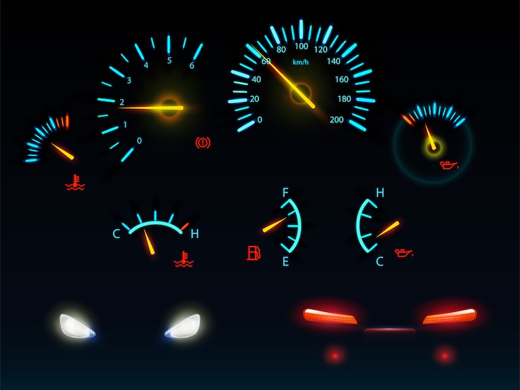 Vetor grátis indicadores de painel do carro moderno brilhando na escuridão balanças de luz azuis e laranja e flechas, faróis dianteiros e traseiros de automóveis conjunto de ilustrações de vetor realista
