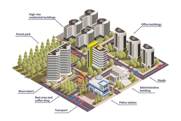 Infografia de cidade moderna colorida isométrica com edifícios rotulados, delegacia de polícia, estradas, parque florestal, ilustração 3D
